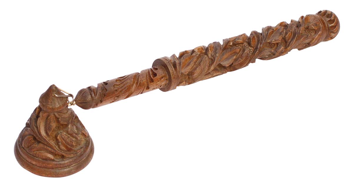 Bulk Wholesale Hand-Carved 10” Dark-Brown Candle Snuffer / Extinguisher in Kadam Wood with Traditional Style Motif Carving – Classy Home Décor / Utility Items from India