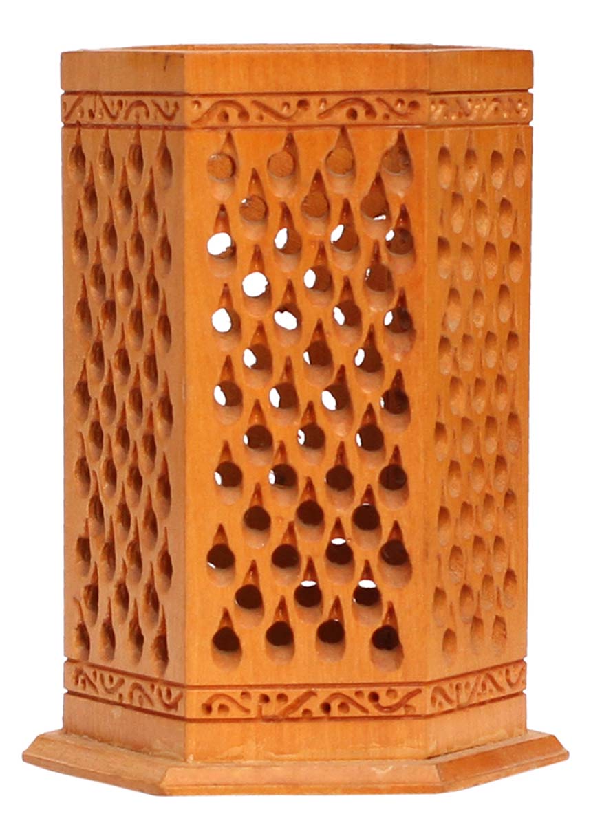 Bulk Wholesale Hand-Carved 4” Hexagon-Shaped Pen-Stand with Jali / Open-Work in Kadam Wood – Office / Desk Essentials from India