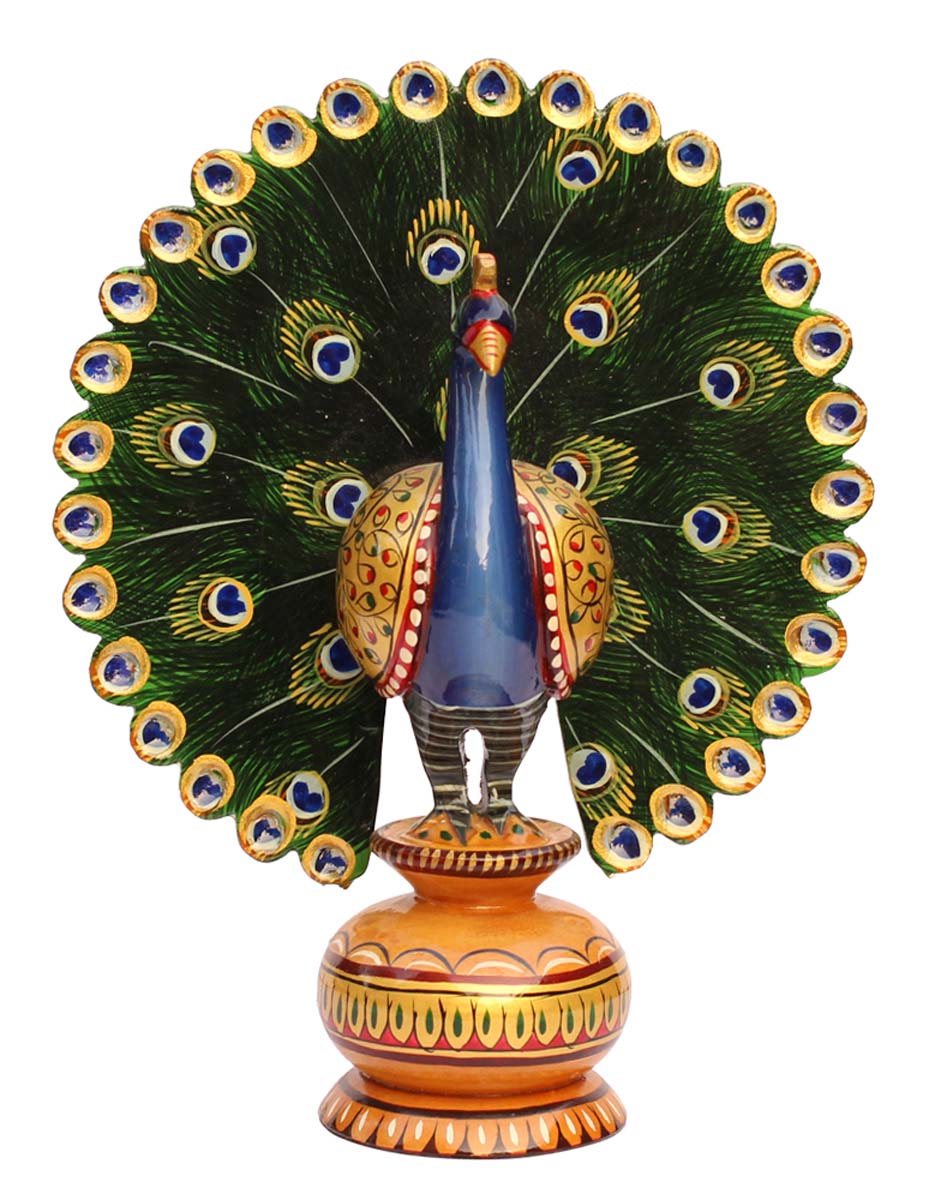 Bulk Wholesale Hand-Carved & Hand-Painted 8” Statue / Figurine of ‘Peacock with Open Wings’ in Bright Colors – Artistic Home Décor from India
