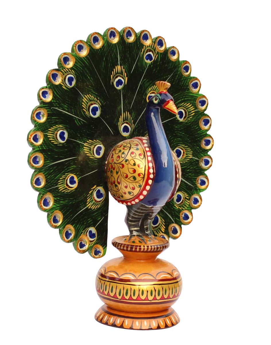 Bulk Wholesale Hand-Carved & Hand-Painted 8” Statue / Figurine of ‘Peacock with Open Wings’ in Bright Colors – Artistic Home Décor from India