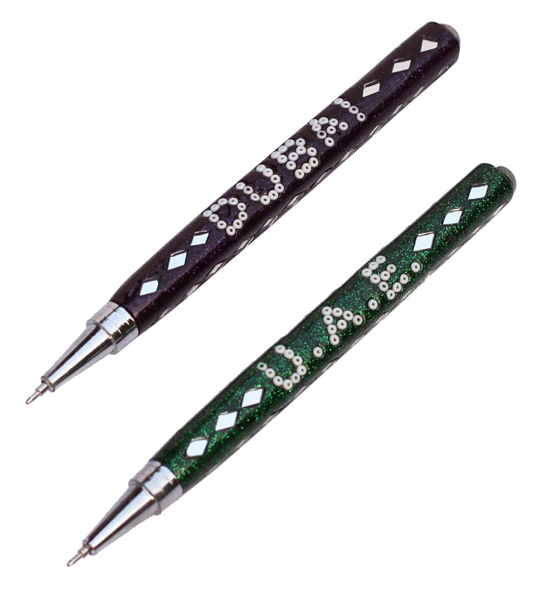 Bulk Wholesale Handmade 5.3” Set of 2 Pens (Green & Blue) in Lacquer Decorated with Mirror Work – Antique-Look Pens from India