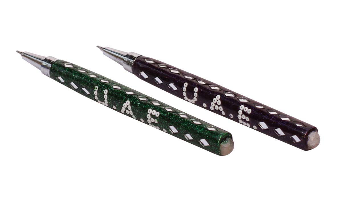 Bulk Wholesale Handmade 5.3” Set of 2 Pens (Green & Blue) in Lacquer Decorated with Mirror Work – Antique-Look Pens from India