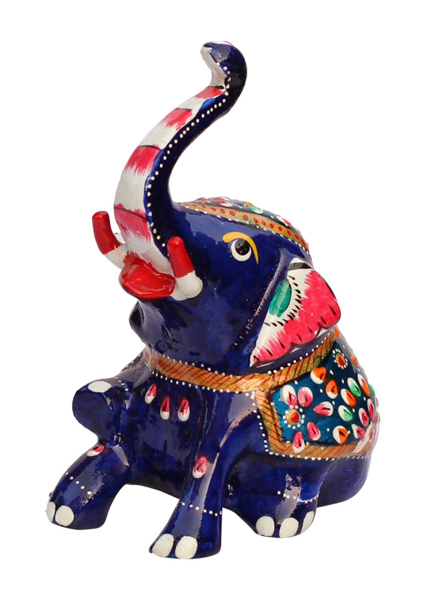 Bulk Buy 3.5” Metal Sitting Trunk-Up Elephant Figurine with Meenakari Work - Wholesale Handmade Metal Elephant Sculpture/Statue - Unique Home Decor Gifts from India