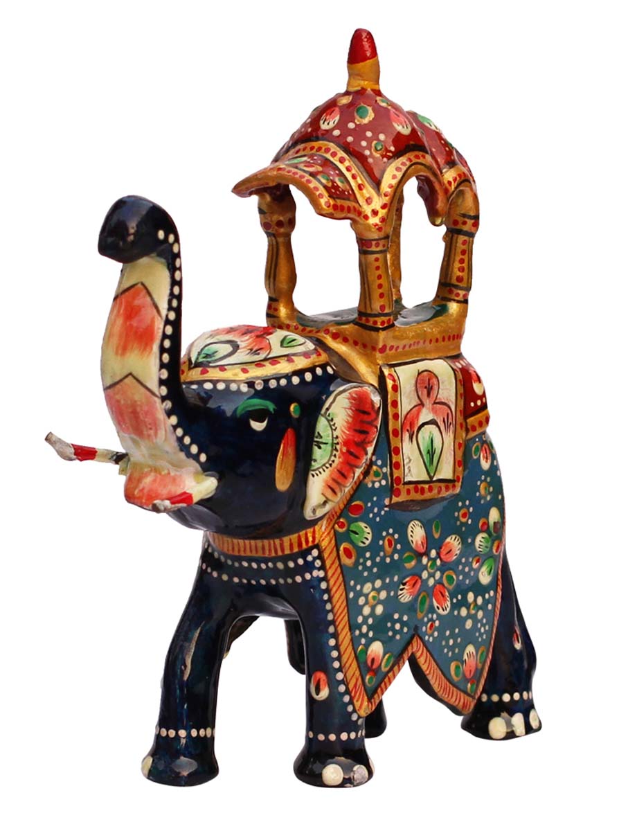 Bulk Wholesale Handmade 6” Acrylic Statue / Sculpture of ‘Royal Trunk-Up Elephant with Ambawadi’ in Colorful with Minakari Style Painting – Ethnic-Look Home Décor from India