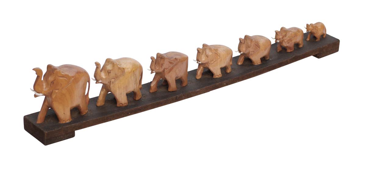 Bulk Wholesale - Hand-Carved 17.5” 7 Marching Elephants in Wood - Art-Piece with Wood Slab - Antique-Look Decor from India