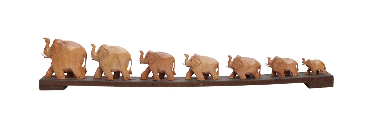 Bulk Wholesale - Hand-Carved 17.5” 7 Marching Elephants in Wood - Art-Piece with Wood Slab - Antique-Look Decor from India