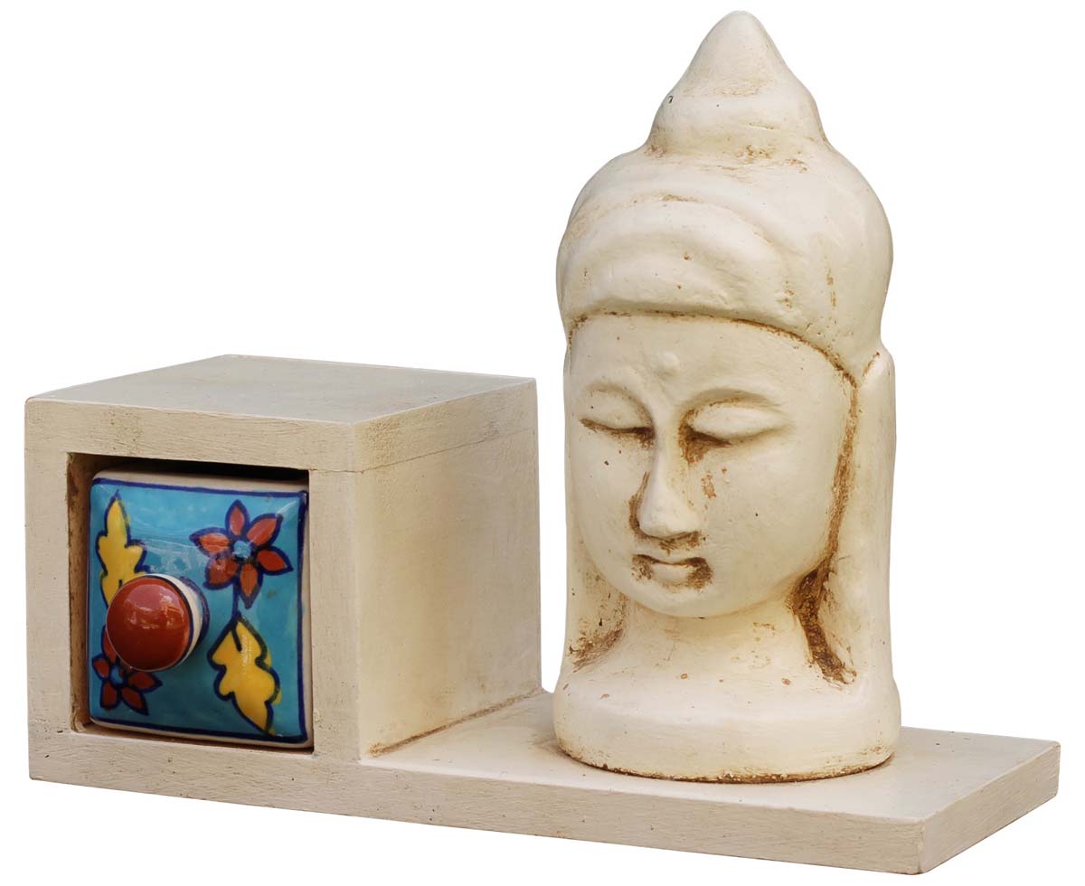 Wholesale Buddha Statues – Buddha Head Sculpture in Papier Mache + Ceramic Drawer – Multicolored – Bulk Religious Figurines & Utility Articles 