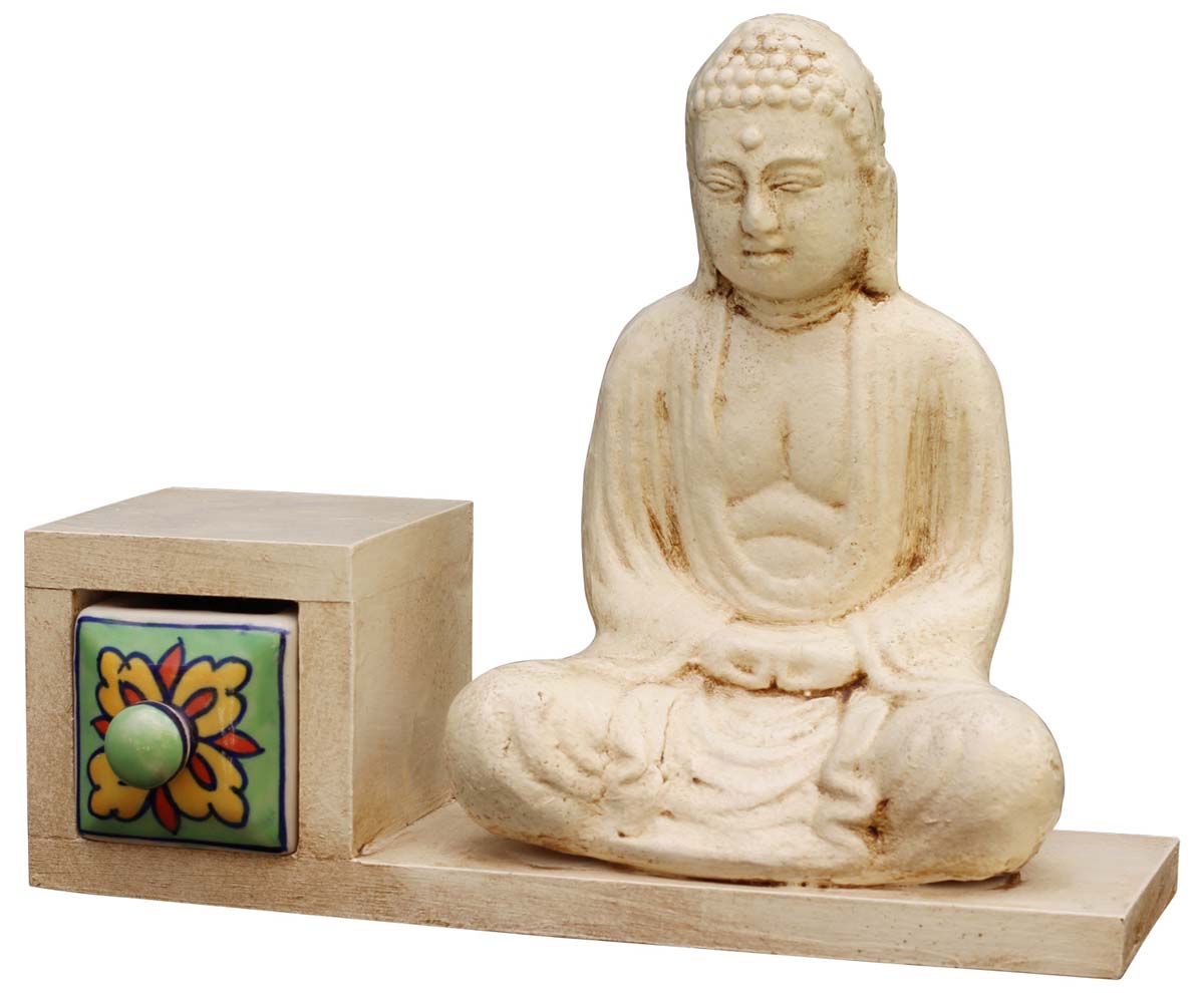 Wholesale Buddha Statues – Meditating Statue of Lord Buddha in Papier Mache + Ceramic Drawer – Multicolored – Bulk Religious Figurines & Utility Articles 