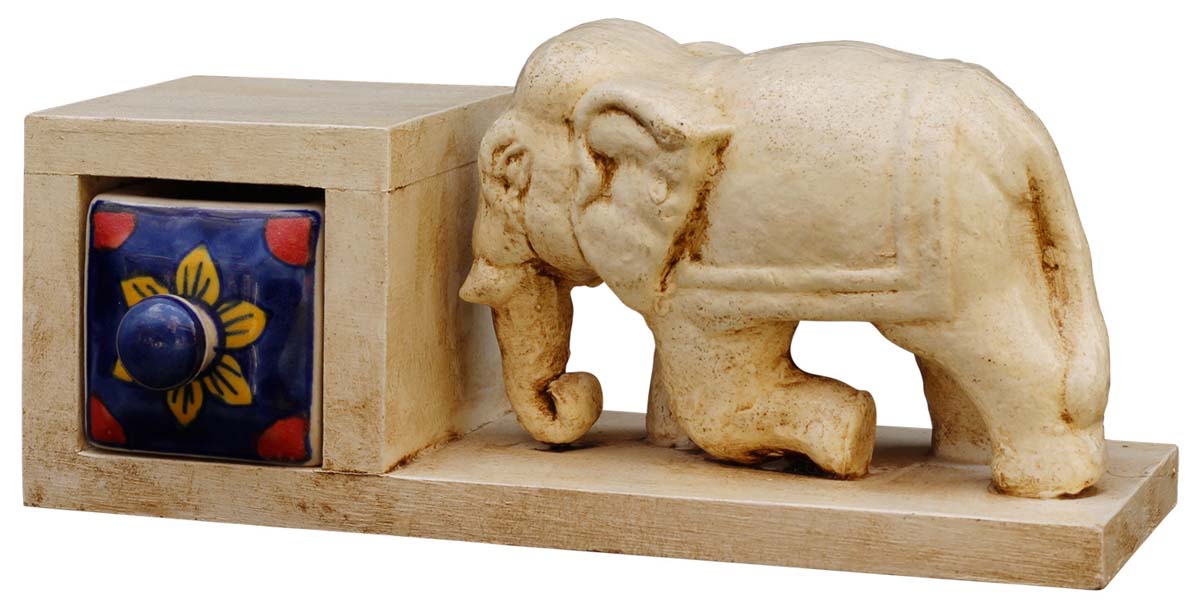 Elephant Figurines in Bulk – Handmade Elephant Sculpture in Papier Mache + Ceramic Drawer – Elephant Statues Wholesale 