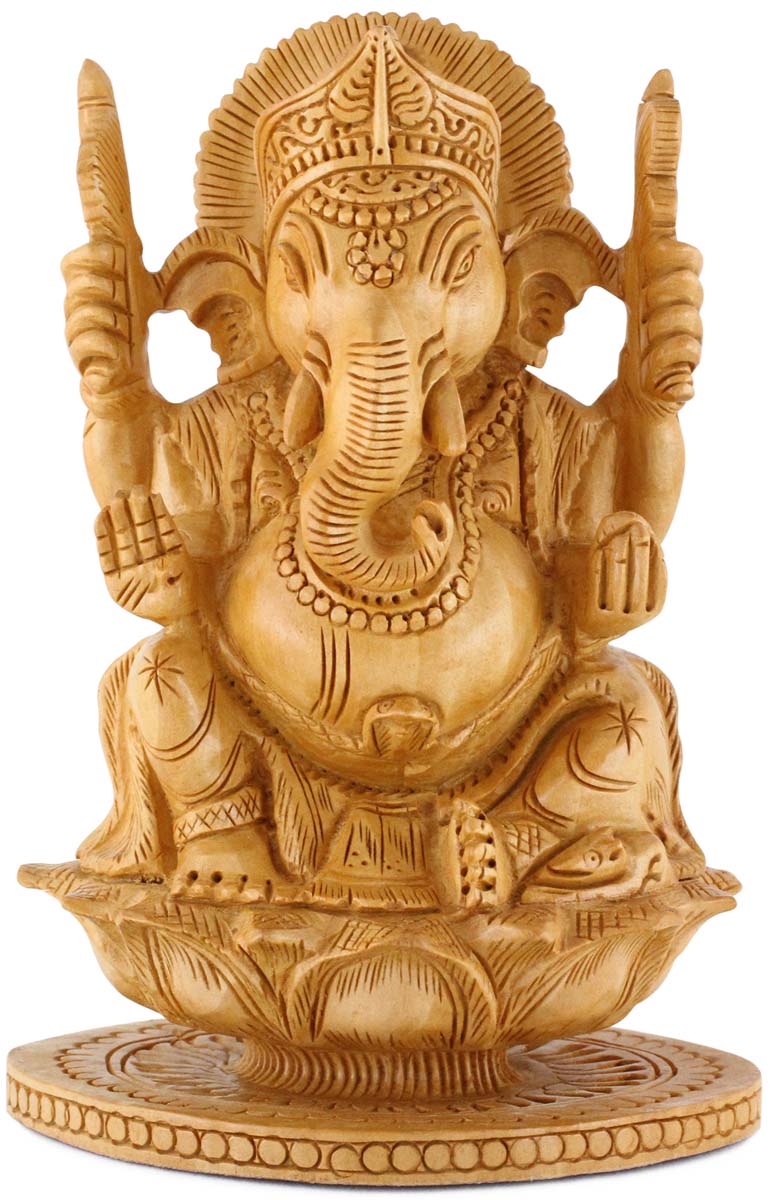 Wholesale Lord Ganesha Figurine - Buy in Bulk 6” Hand Carved Wooden Hindu God Figurine/Statue - Unique Good Luck Charms Wood Sculpture - Home & Office Decor