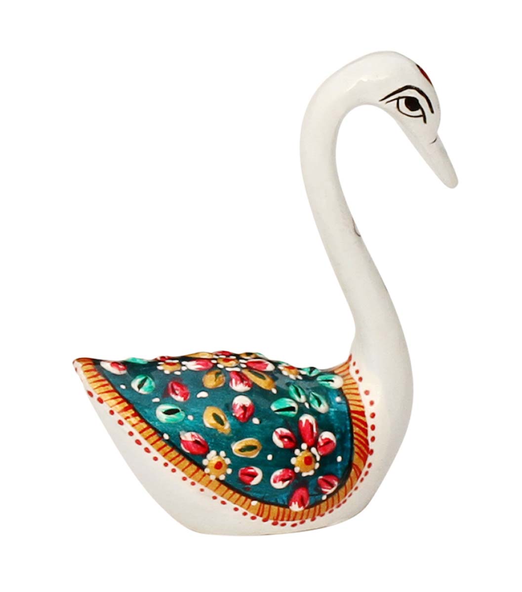 Wholesale 3.4” White Swan Figurine - Buy in Bulk Metal Swan Statue/Sculpture with Meenakari Work - Handmade Statues & Sculptures from India
