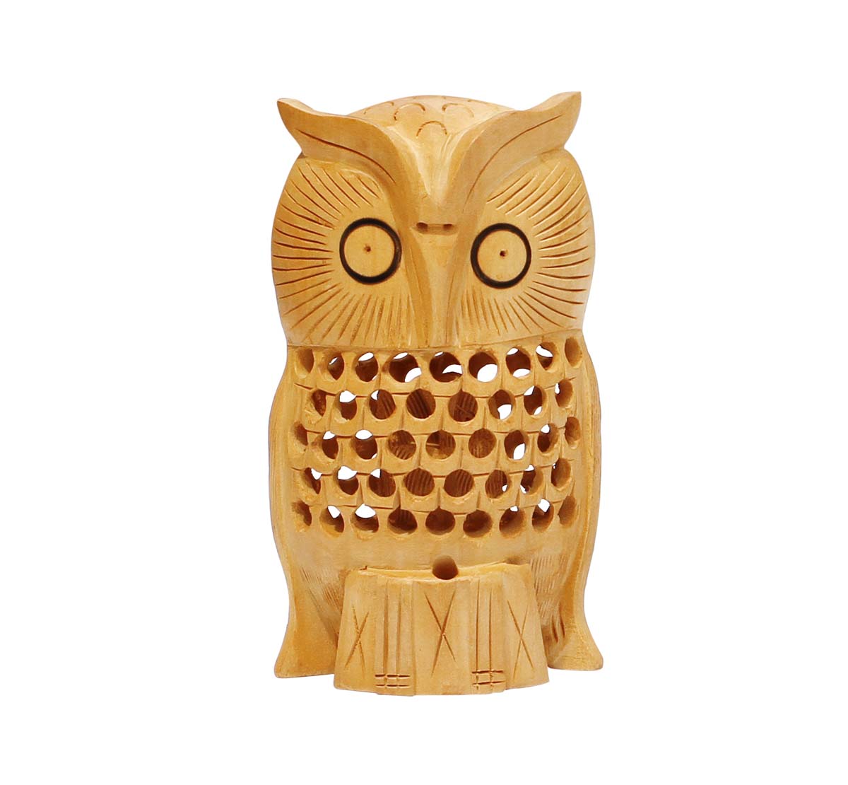 Wholesale Owl Figurine & Statue - Buy in Bulk Handmade 6.2” Wood Filigree Owl Sculpture with Baby Owl Inside Belly - Good Luck Sculptures - Home & Office Decor