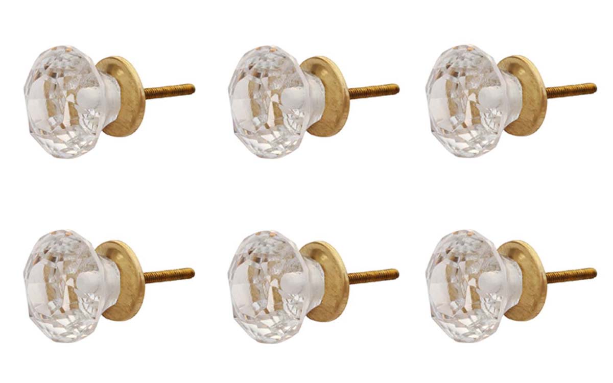 Buy in Bulk Wholesale Set of 6 Glass Knobs & Pulls -  Pulls for Cabinet / Girls Dresser / Kids Cupboard / Kitchen Drawer Handles Handmade in Faceted Clear Glass with Hardware Attached - Decorative Antique Knobs