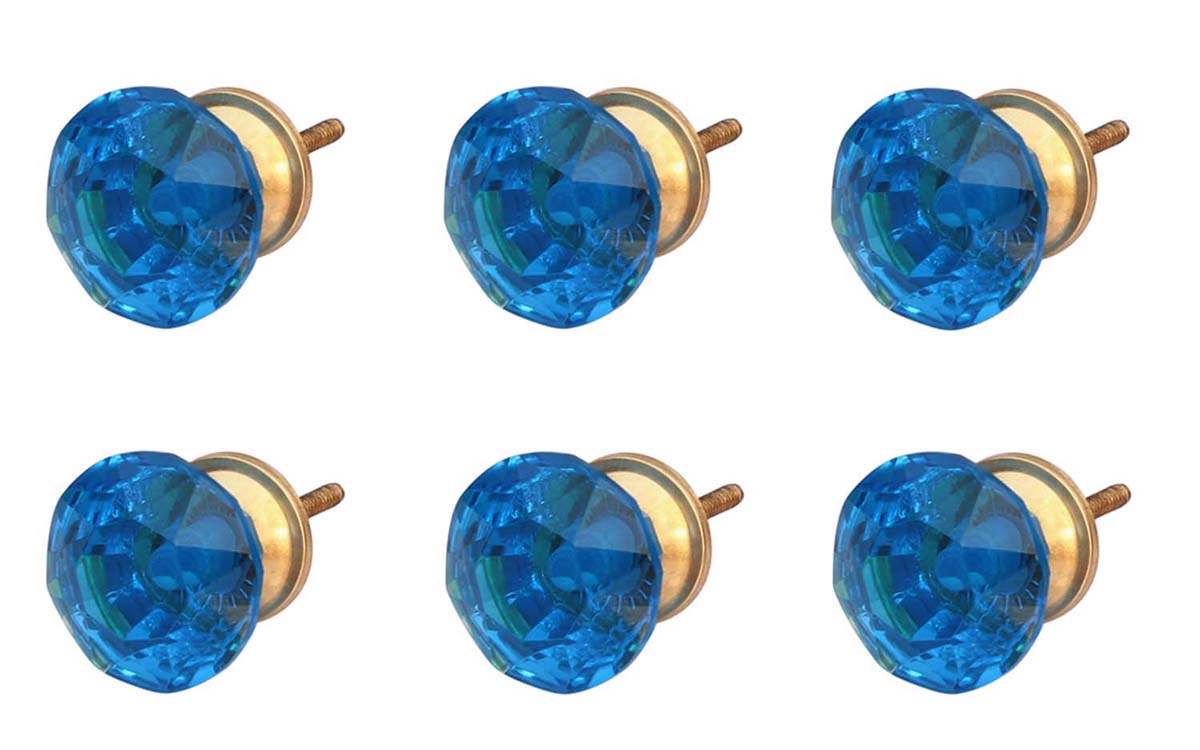 Sapphire Duo – Set of 6 Round Faceted Blue Glass Knobs – Pull Knobs For Cabinets / Girls Dresser / Kids Cupboard / Kitchen Drawers - Hardware Attached - Buy in Bulk Wholesale