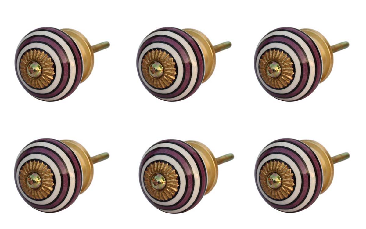 Buy in Bulk Wholesale Set of 6 Purple Spirals – White & Purple Striped Round Ceramic Knobs -  Pulls for Cabinet / Girls Dresser / Kids Cupboard / Kitchen Drawer Handles with Hardware Attached - Decorative Antique Knobs
