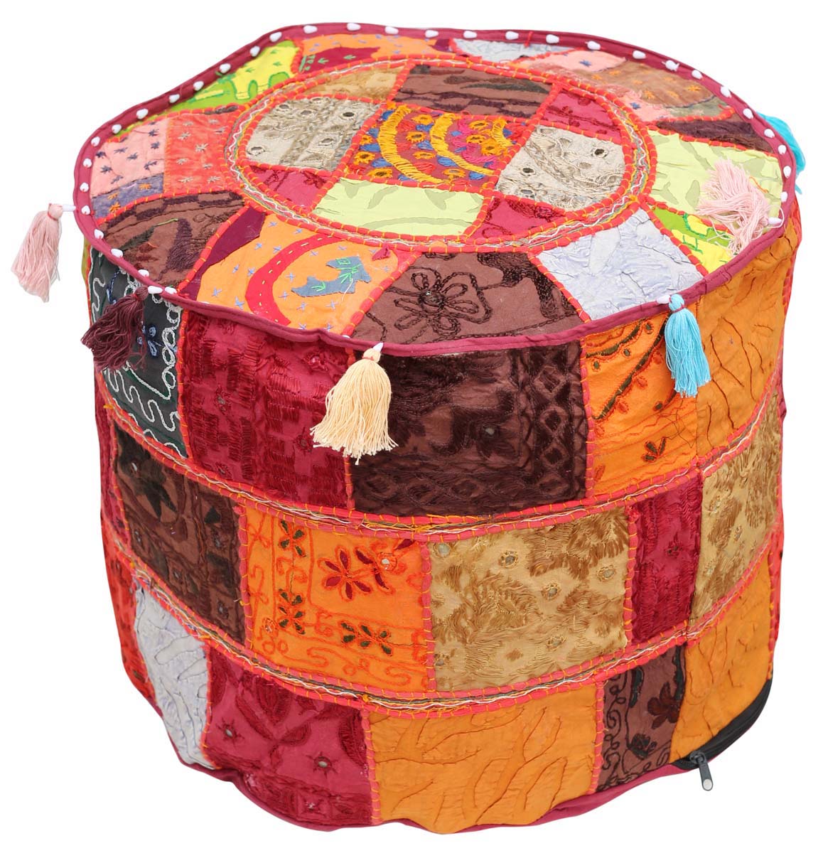 Puffy Cover in Patchwork with Colorful Tassels & Maroon Base – Home Décor  - Buy in Bulk Wholesale