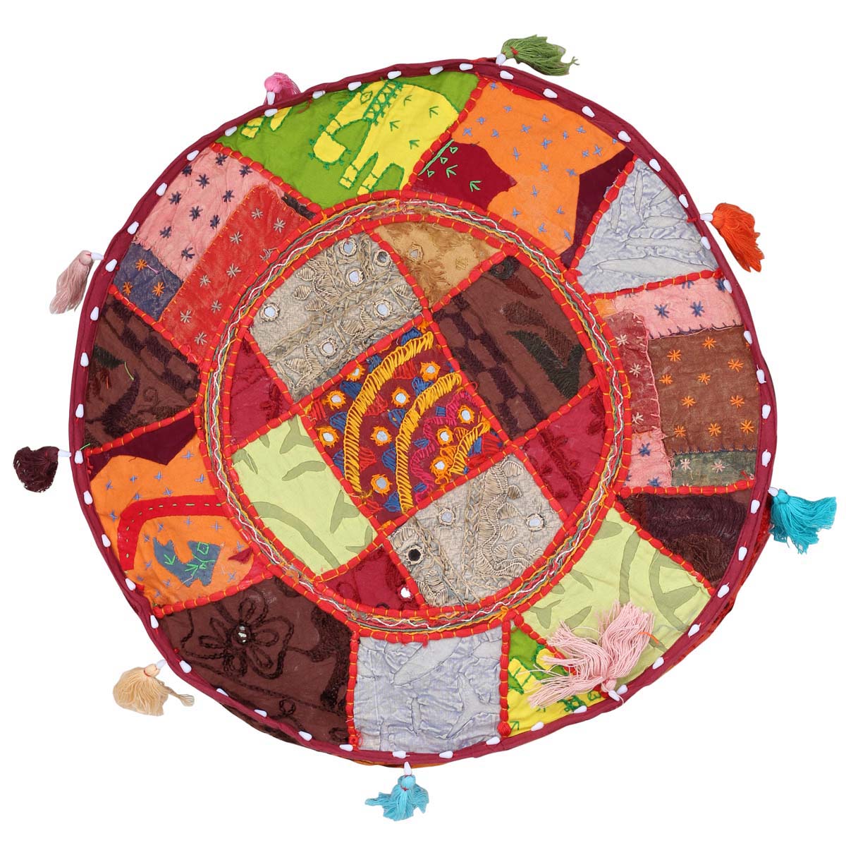 Puffy Cover in Patchwork with Colorful Tassels & Maroon Base – Home Décor  - Buy in Bulk Wholesale