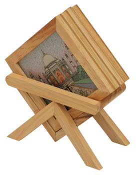 3.5” Taj-Mahal Coasters with Holder - Set of 4 - Hand-Crafted in Pine-Wood - Dining-Table Accessories from India - Buy in Bulk Wholesale