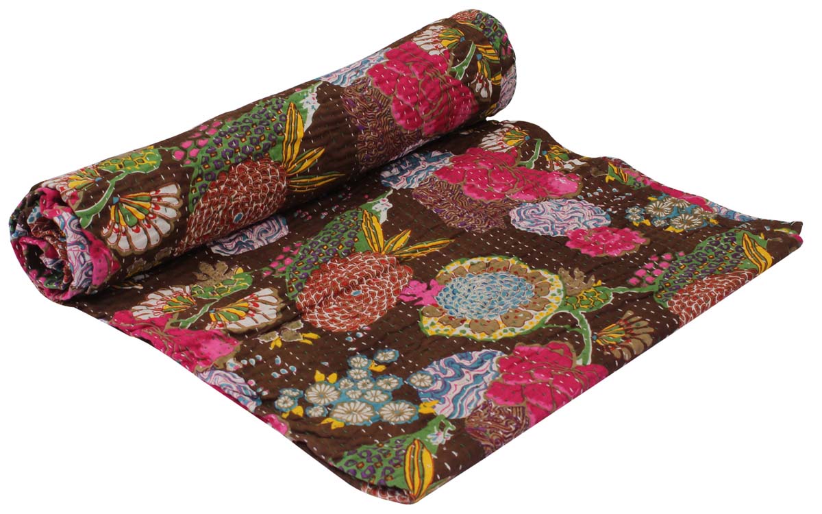 Cotton Throws Wholesale – Brown & Multicolored Throw – Floral & Leafy Motifs – Running Stitch Embroidery