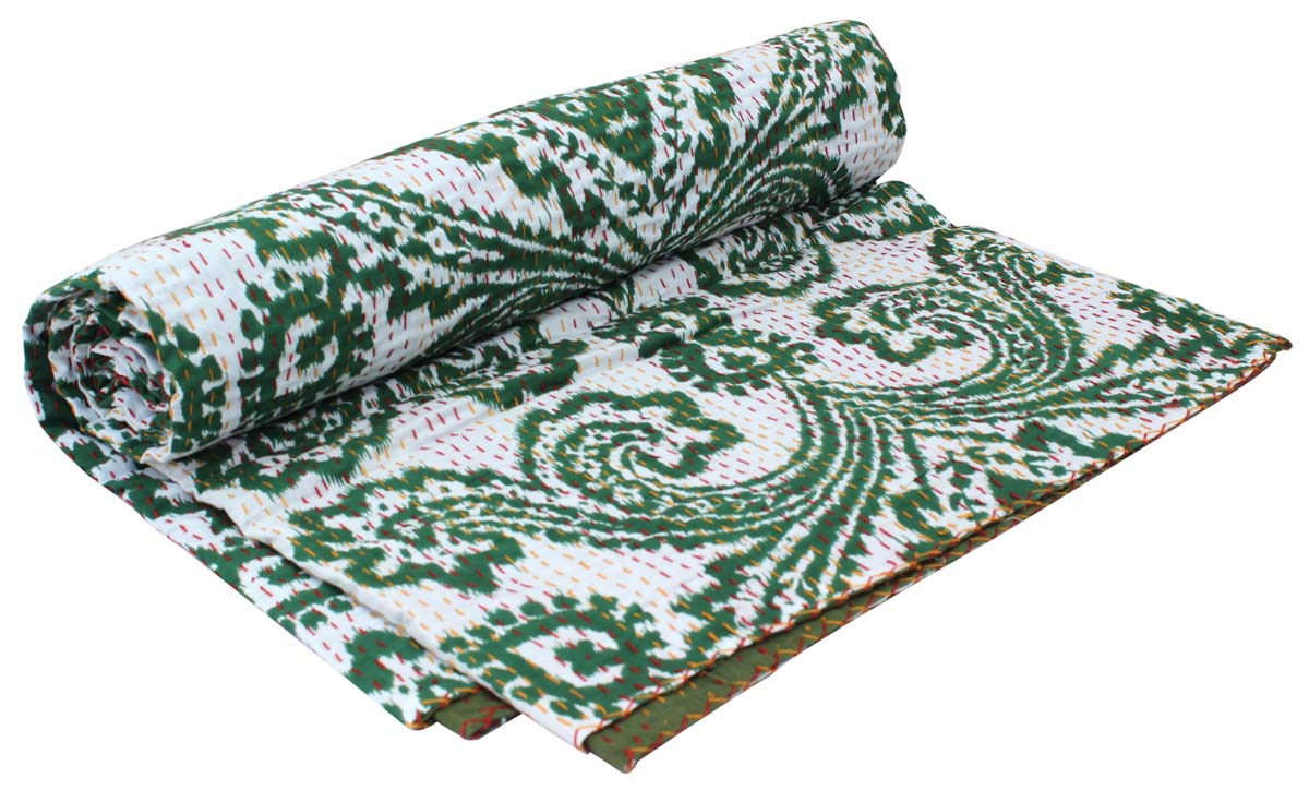 Cotton Throws Wholesale – Green & White Throw – Floral & Leafy Motifs – Running Stitch Embroidery