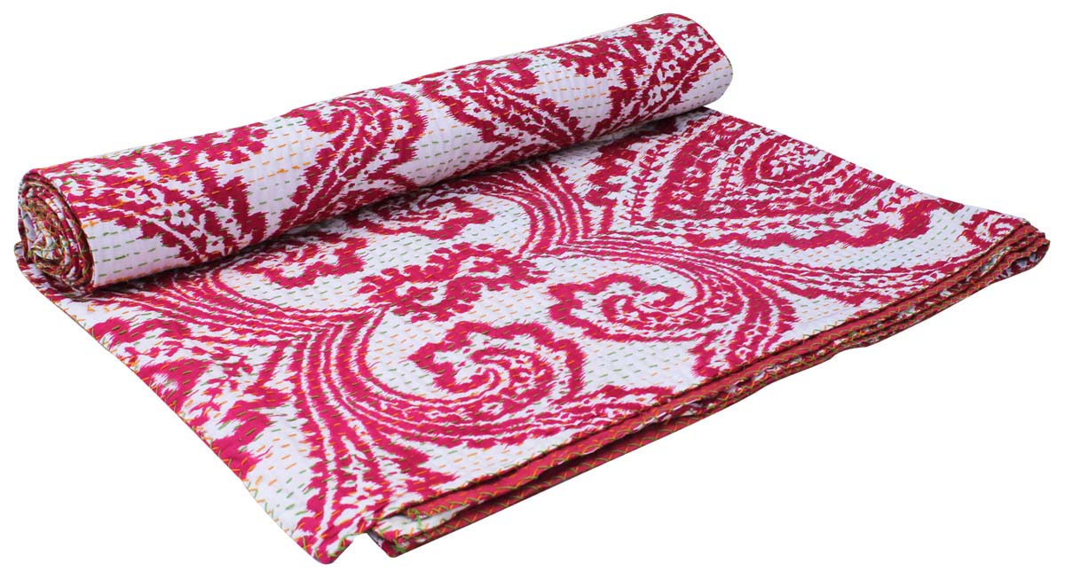 Cotton Throws Wholesale – Pink & White Throw – Floral & Leafy Motifs – Running Stitch Embroidery