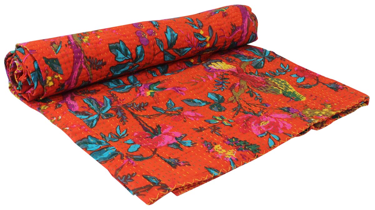 Cotton Throws Wholesale – Orange & Multicolored Throw – Floral & Leafy Motifs – Running Stitch Embroidery