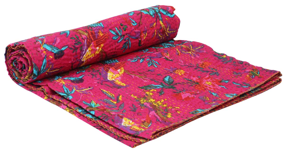 Cotton Throws Wholesale – Pink & Multicolored Throw – Floral & Leafy Motifs – Running Stitch Embroidery