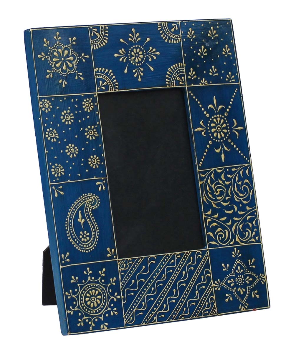 Bulk Buy 4x6 Inches Blue Photo Frame - Wood Photo-Frame/Picture Holder Decorated with Cone-Painting Art - Home Decor Picture Frames from India