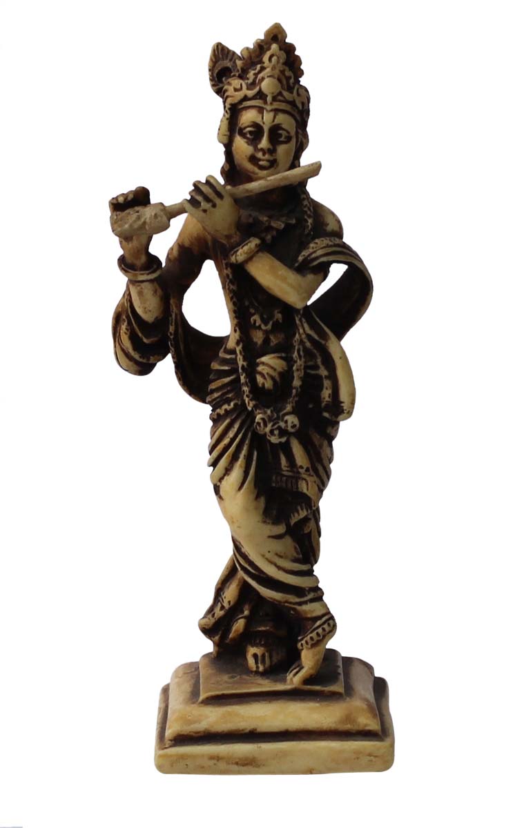 Bulk Wholesale Handmade 6.2” Off-White Statue/ Sculpture of ‘Lord Krishna in Standing Pose with a Flute’ in Acrylic & Wood Base – Auspicious Gifts / Home Décor from India