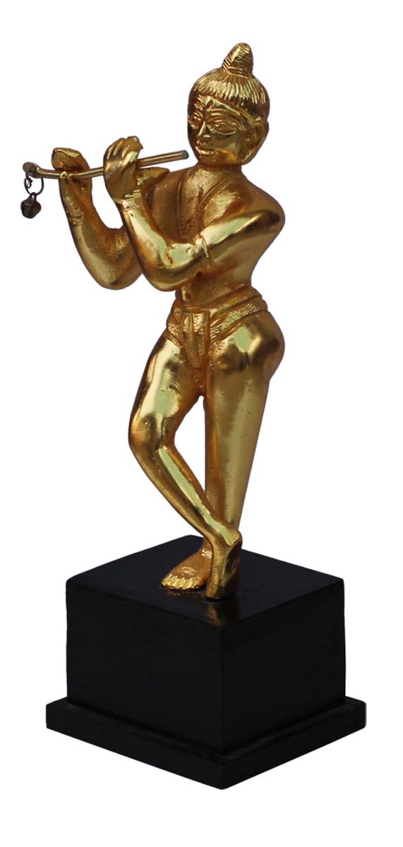 Bulk Wholesale Handmade 10.2” Golden Statue / Sculpture of ‘Lord Krishna in Standing Pose with a Flute’ in Aluminum & Wood Base – Auspicious Gifts / Home Décor from India