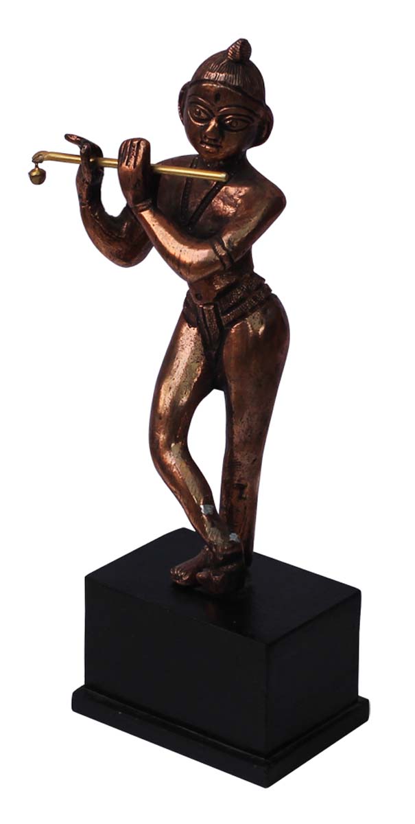Bulk Wholesale Handmade 12” Copper Colored Statue / Sculpture of ‘Lord Krishna in Standing Pose with a Flute’ in Aluminum & Wood Base – Auspicious Gifts / Home Décor from India