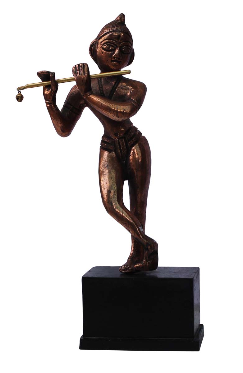 Bulk Wholesale Handmade 12” Copper Colored Statue / Sculpture of ‘Lord Krishna in Standing Pose with a Flute’ in Aluminum & Wood Base – Auspicious Gifts / Home Décor from India