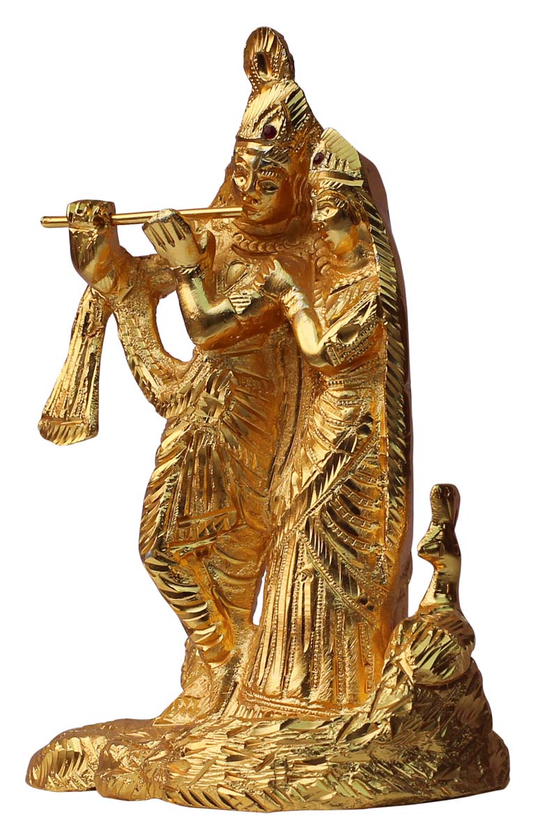 Bulk Wholesale Handmade 8.2” Golden Statue / Sculpture of ‘Lord Krishna & Radha in Standing Pose with a Flute’ in Aluminum – Auspicious Gifts / Home Décor from India