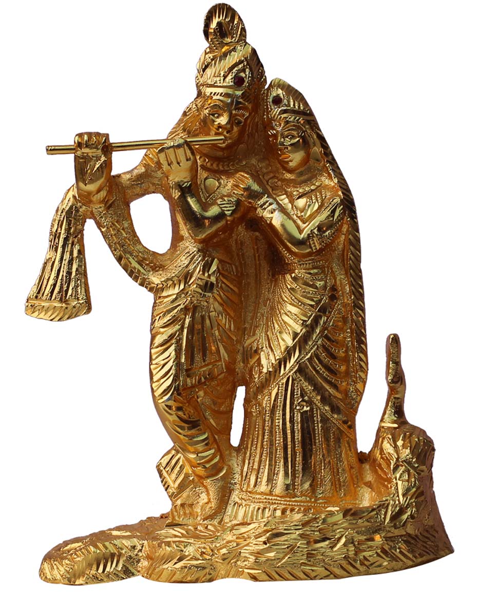 Bulk Wholesale Handmade 8.2” Golden Statue / Sculpture of ‘Lord Krishna & Radha in Standing Pose with a Flute’ in Aluminum – Auspicious Gifts / Home Décor from India