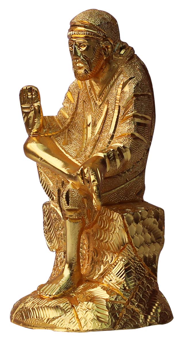 Bulk Wholesale Handmade 7” Golden Statue / Sculpture of ‘Sai Baba in Sitting Pose’ in Aluminum – Auspicious Gifts / Home Décor from India