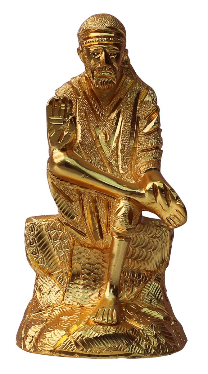 Bulk Wholesale Handmade 7” Golden Statue / Sculpture of ‘Sai Baba in Sitting Pose’ in Aluminum – Auspicious Gifts / Home Décor from India