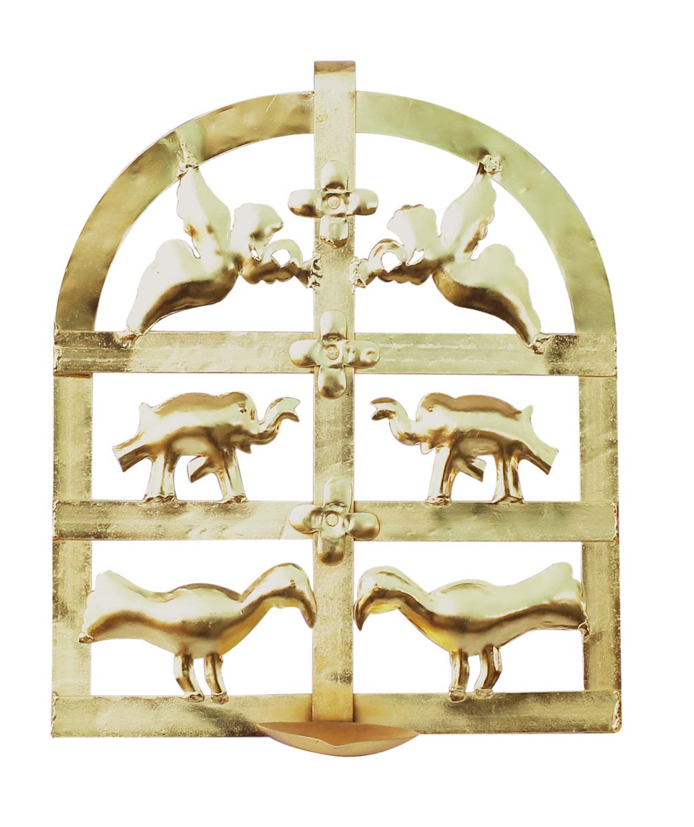 Bulk Wholesale Handmade 14” Wall-Hanging Golden Diya / Tea-Light Holder with Multiple Animal Figurines Casted in Aluminum – Artistic Wall-Décor from India