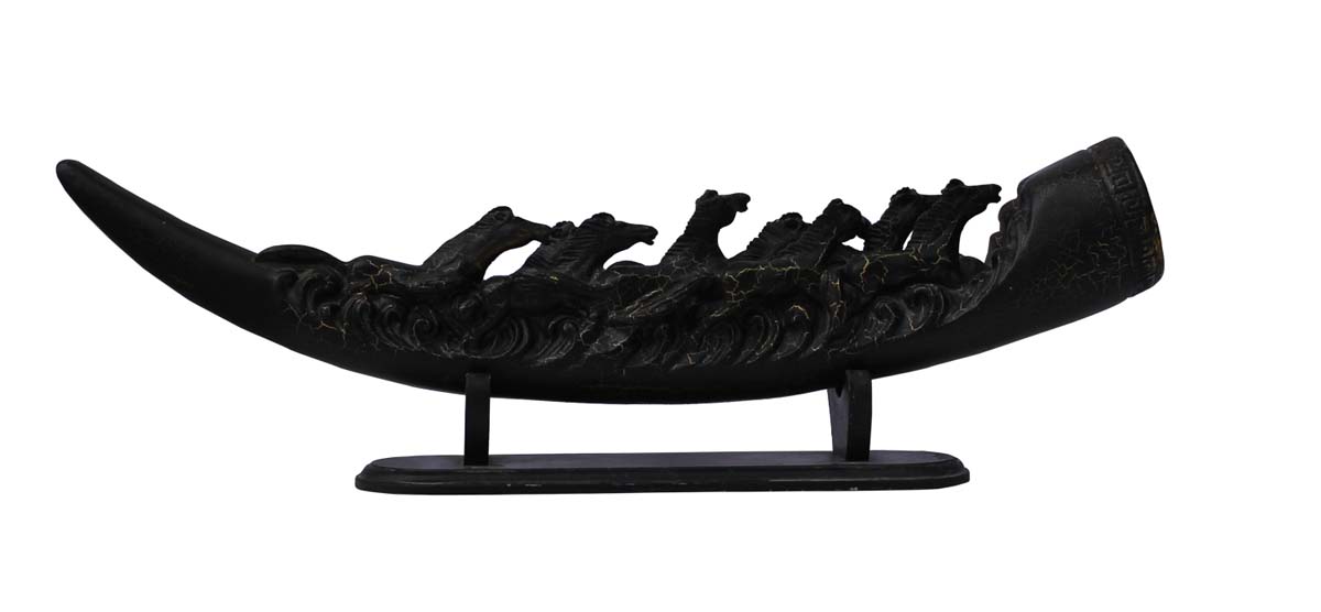 Bulk Wholesale Hand-Carved 21” Wooden Black Decorative Piece of Tusk with Horses Running on it – Classy Home Décor from India