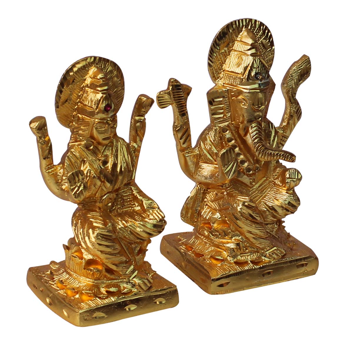 Bulk Wholesale Handmade 7” Set of 2 Golden Statues / Sculptures of Goddess Laxmi & God Ganesha in Sitting Pose in Aluminum – Auspicious Gifts / Home Décor from India