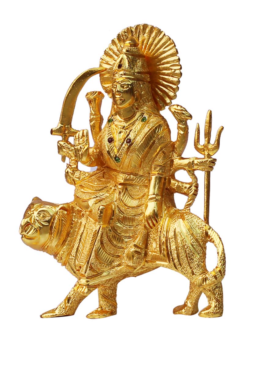 Bulk Wholesale Handmade 9” Golden Statue / Sculpture of Goddess Durga Sitting on a Tiger in Aluminum – Auspicious Gifts / Home Décor from India