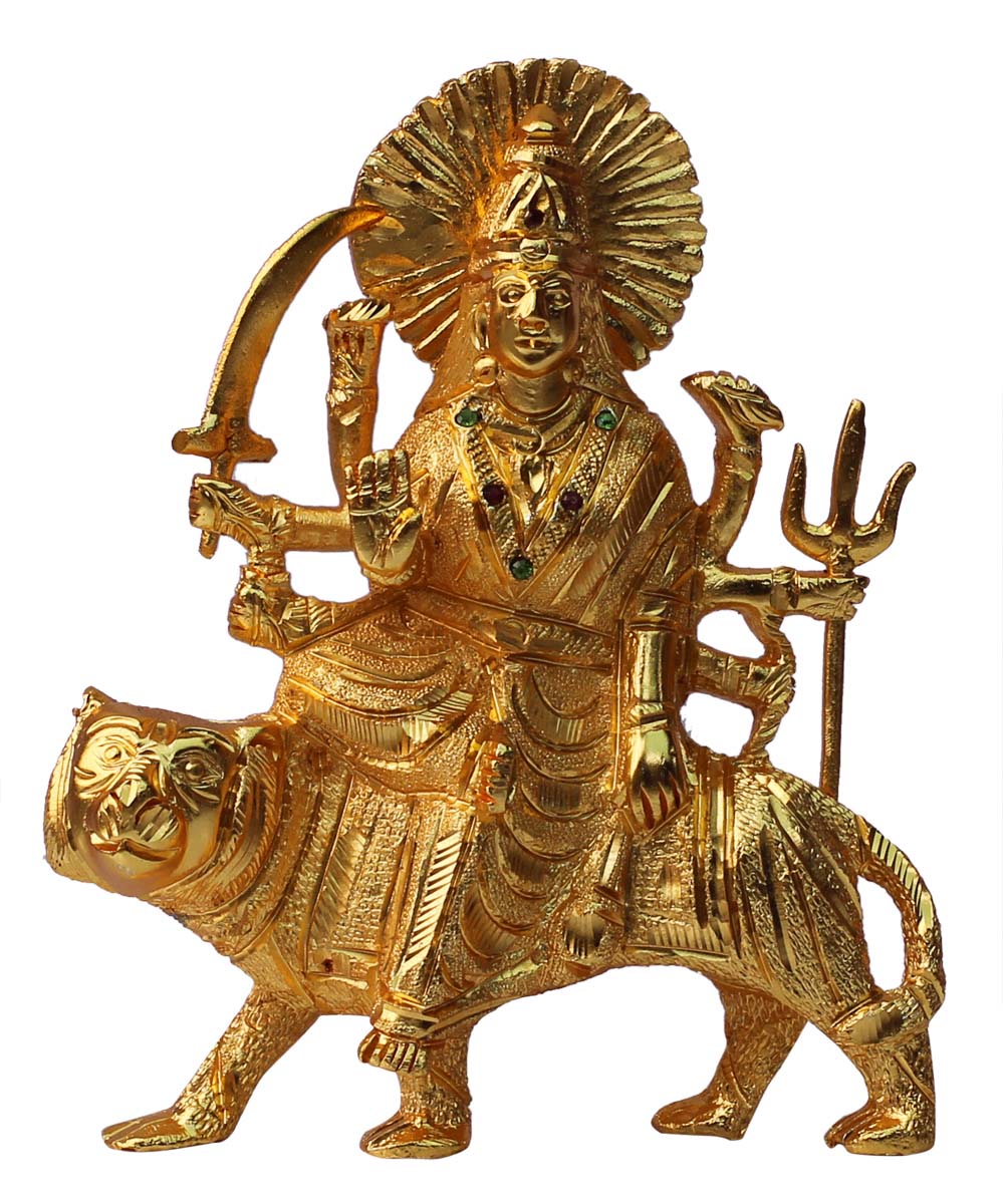 Bulk Wholesale Handmade 9” Golden Statue / Sculpture of Goddess Durga Sitting on a Tiger in Aluminum – Auspicious Gifts / Home Décor from India