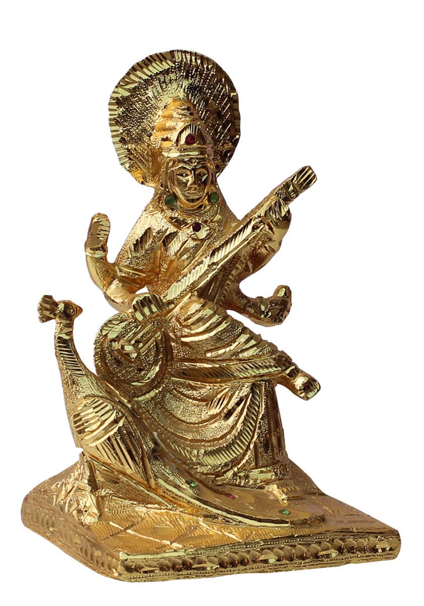 Bulk Wholesale Handmade 9” Aluminium Golden Goddess Saraswati Statue / Sculpture with Sitaar– Auspicious Gifts / Home Décor from India