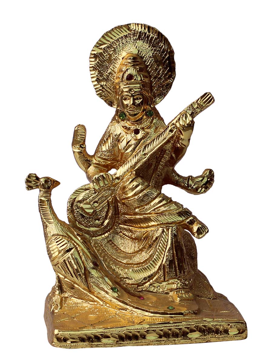 Bulk Wholesale Handmade 9” Aluminium Golden Goddess Saraswati Statue / Sculpture with Sitaar– Auspicious Gifts / Home Décor from India