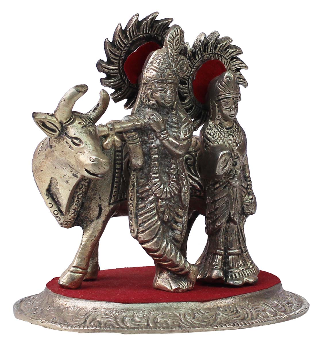 Bulk Wholesale Handmade 6” Silver Colored Decoration Piece / Sculpture of God Krishna & Radha with Holy Cow in Aluminum & Red Velvet Lining – Auspicious Gifts / Home Décor from India