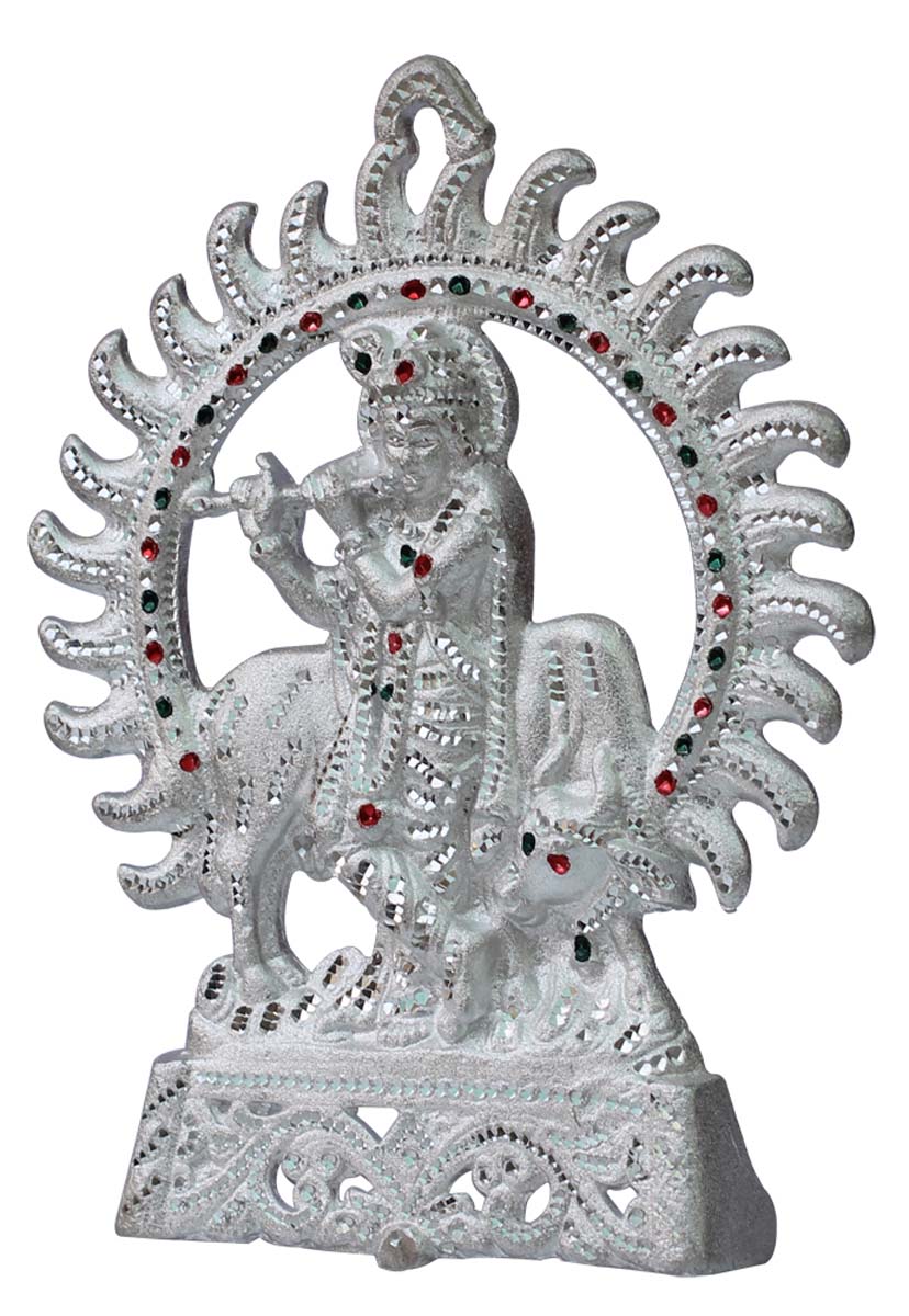 Wholesale Handmade 12.5” Silver Colored Decoration Piece / Sculpture of God Krishna with Flute Sitting on a Holy Cow in Aluminum Decorated with Colorful Beads – Auspicious Gifts / Home Décor from India