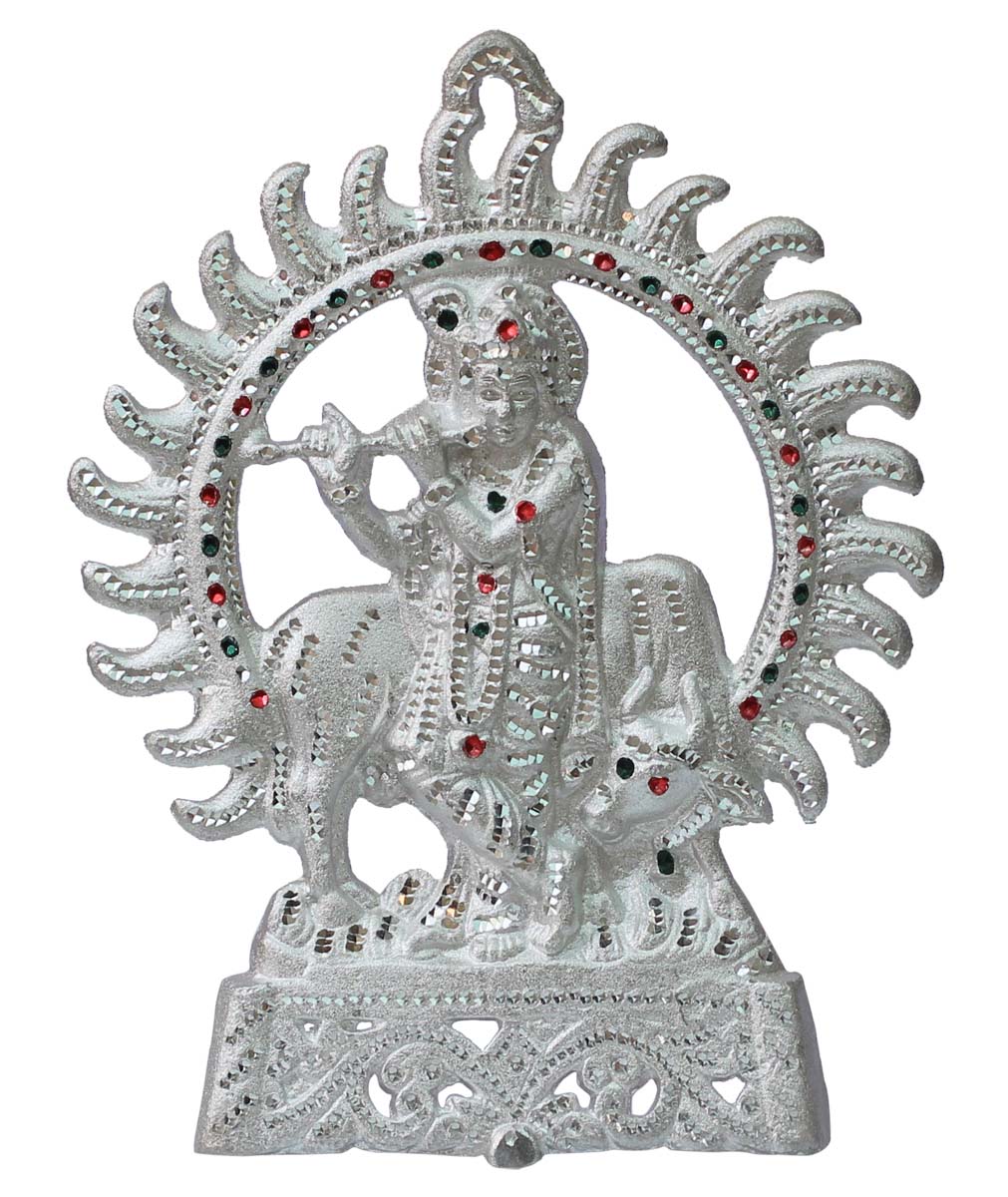 Wholesale Handmade 12.5” Silver Colored Decoration Piece / Sculpture of God Krishna with Flute Sitting on a Holy Cow in Aluminum Decorated with Colorful Beads – Auspicious Gifts / Home Décor from India