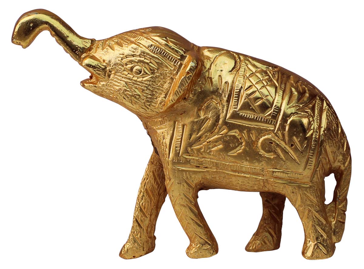 Wholesale 6” Trunk-Up Elephant Figurine - Buy in Bulk 6 Handmade Aluminium Metal Golden Colored Elephant Figurine/Statue - Unique Animal Decor Sculpture - Royal Tusker