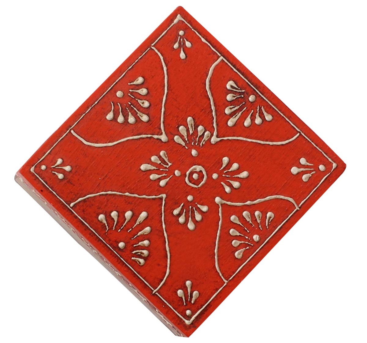 Bulk Source 3” Wooden Jewelry Box - Wholesale Square Handmade Keepsake Box/Trinket Box in Orange & Natural-Wood Color Decorated with Cone-Painting Art of Traditional-Look Motifs