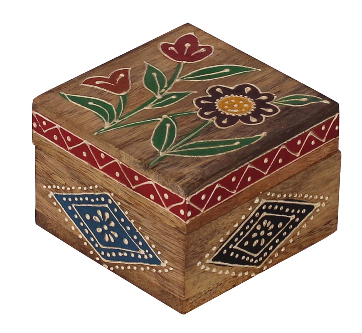 Wholesale 3” Wooden Jewelry Box - Bulk Buy Square Handmade Keepsake Box/Trinket Box in Natural-Wood Color Decorated with Cone-Painting Art of Floral Motifs
