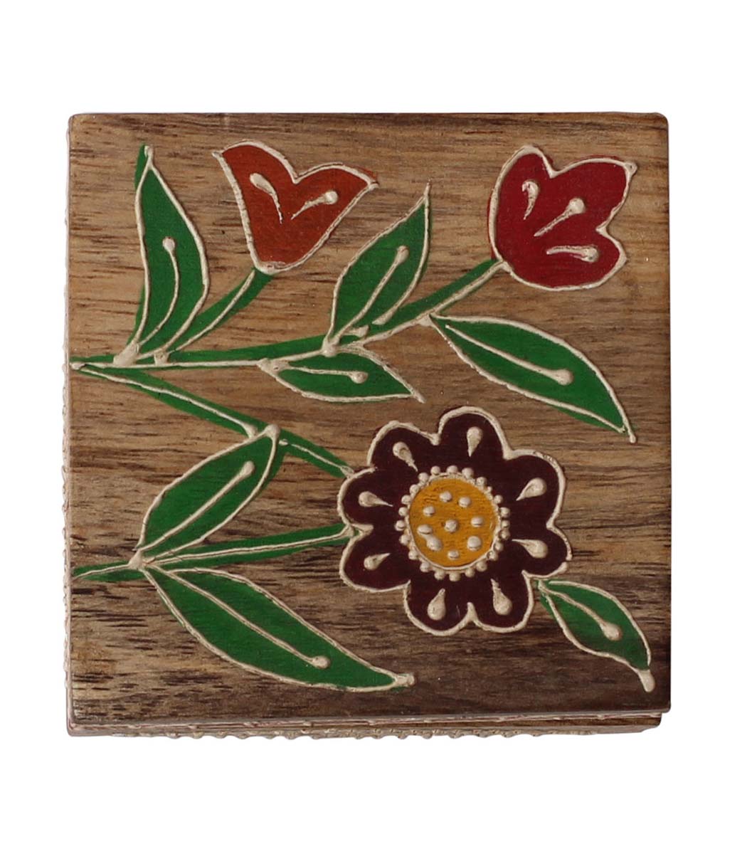 Wholesale 3” Wooden Jewelry Box - Bulk Buy Square Handmade Keepsake Box/Trinket Box in Natural-Wood Color Decorated with Cone-Painting Art of Floral Motifs